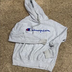 Champion Heather Gray Hoodie with Blue Logo